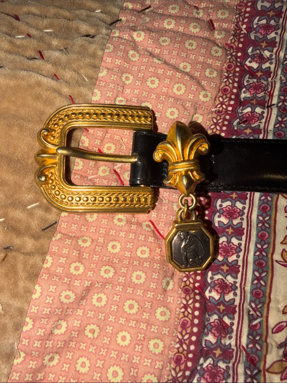Vintage Brighton Gold-Accent Black Leather Belt with Fleur-de-Lis Charm